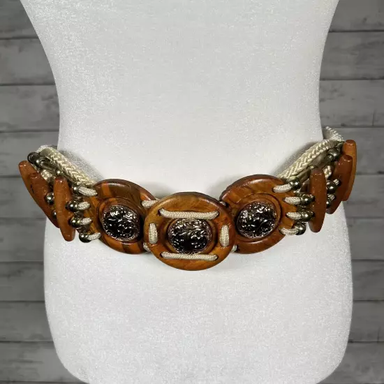 Wood Beaded Natural With Gold Accent Nylon Rope Concho Belt S/M