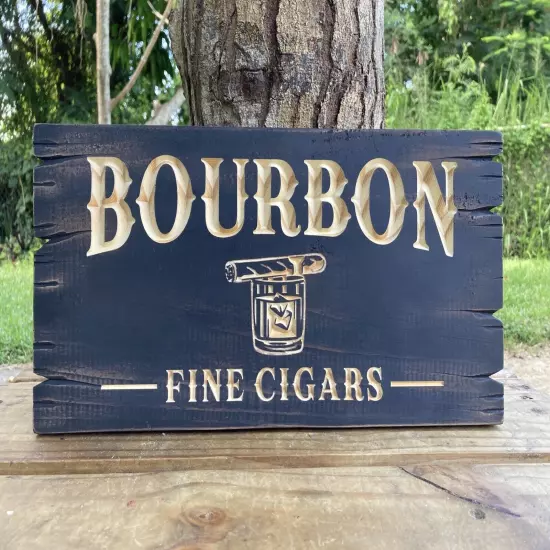 Cigar Bar Whiskey Bar Bourbon Saloon Wood Sign Carved Rustic Tavern Antique Look