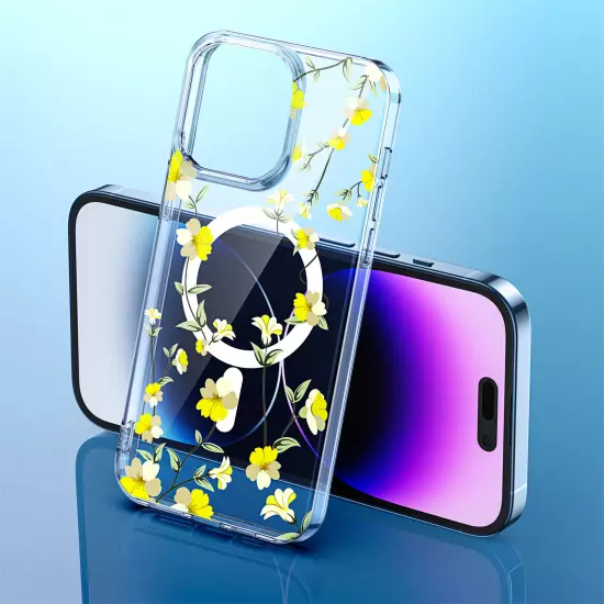 For iPhone 16 Pro Max 15 14 13 12 Floral Pattern Magnetic Clear Slim Phone Case