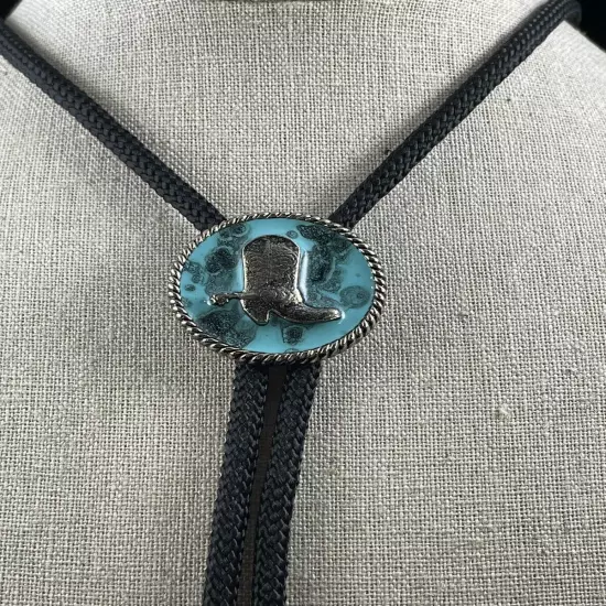 Western Turquoise ￼Blue Cowboy Boot Bolo Tie Silver Tone on Black Cord