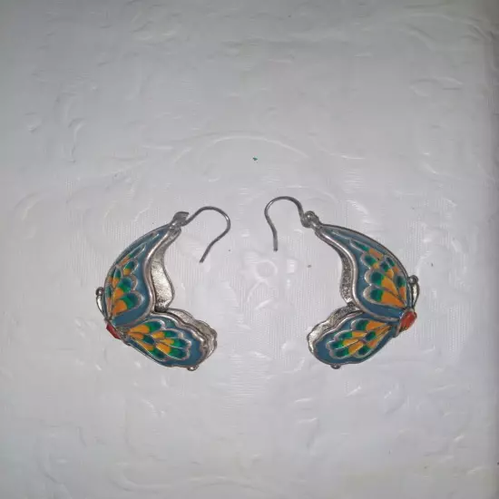  BUTTERFLY EARRINGS - SILVER TONE WITH MULTICOLORED ENAMEL 3-D