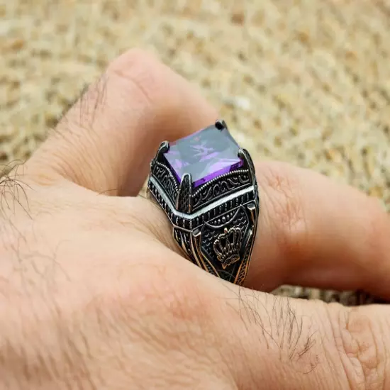 Natural Amethyst Purple Color Rectangle Ct 925 Sterling Silver Gemstone Ring-89