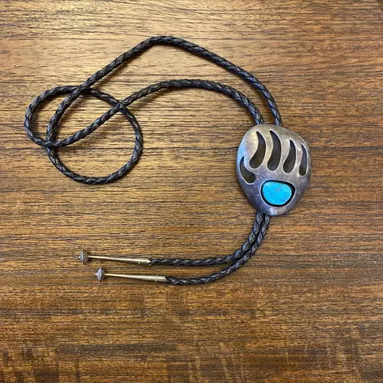 Bolo Tie Mens Shadow Box Bear Claw Turquoise Western Navajo Vintage Leather Tie