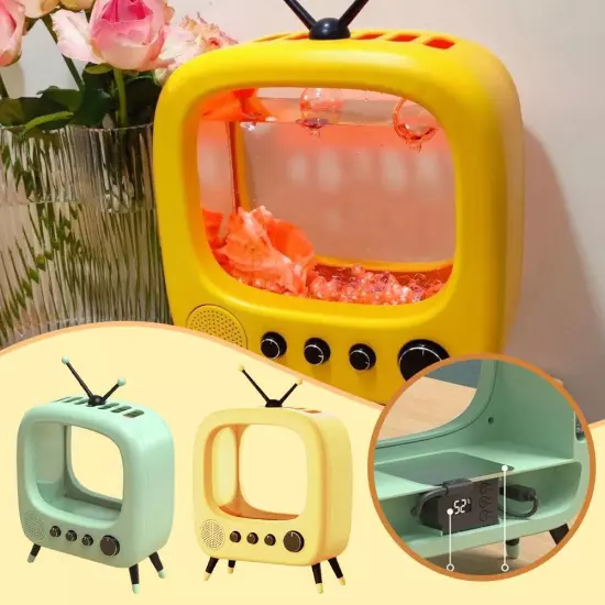 Fish Tank with Lamp Television Styling Small Cute Vintage Desktop Dec