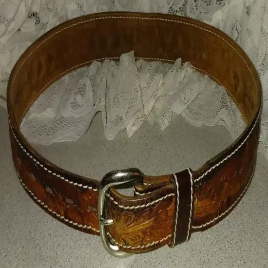 Nice Western Genuine Leather Belt Floral Hand Tooled ~ Removable Buckle Sz 28-33