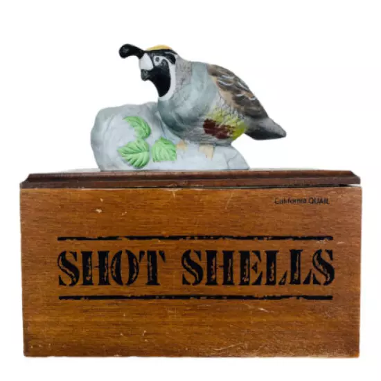 Vintage Jasco Ceramic California Quail Wooden "Shot Shells" Ammo Trinket Box 