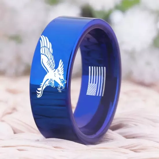 8MM Men Women Tungsten Carbide Ring Eagle with American Flag Comfort Fit Ring