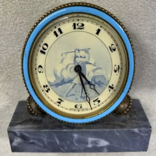 ANTIQUE GOLFING CLOCK MINIATURE SWISS MANTLE CLOCK WOMAN VINTAGE GOLF LADY c1910