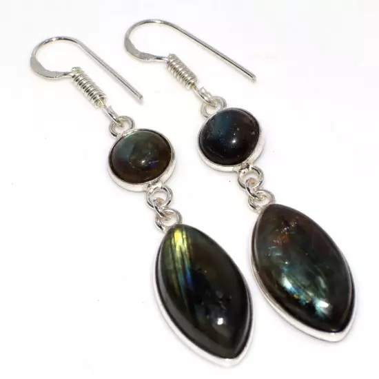 925 Silver Plated Fiery Labradorite Ethnic Long Earrings Jewelry Size 2.1" JW