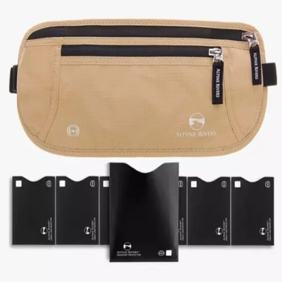 NEW, Beige ALPINE RIVERS Travel Waist Bag Fanny Pack RFID Blocking 7 Sleeves