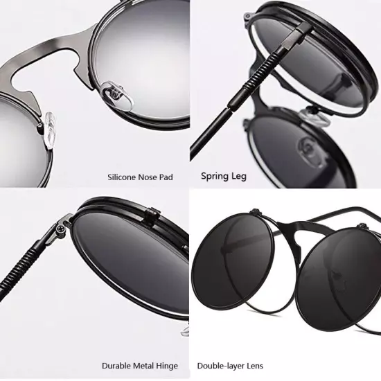 Round Metal Flip Up Sunglasses Retro John Lennon Circle Vintage Unisex Glasses