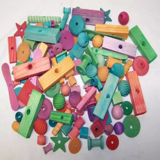 100 BIRD TOY PARTS ASSORTMENT SM TO MEDIUM PARROTS ASSORTED COLORED WOOD PARTS