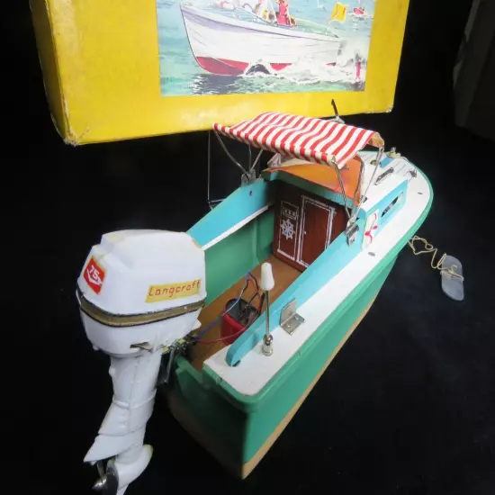 VINTAGE 1960's BANDAI JAPAN 13" SUN SHINE SERIES WOOD & PL BOAT W OUTBOARD BOXED