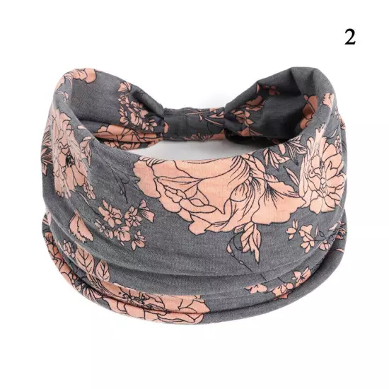 Women Boho Flower Print Wide Headband Vintage Knot Elastic Turban Headwrap *