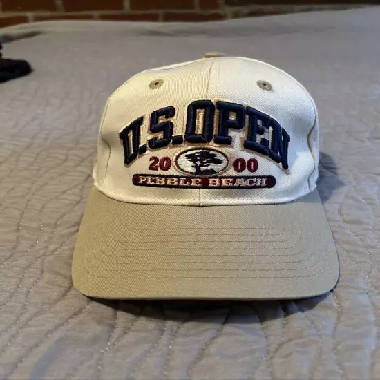 Vintage Golf Hat 2000 US Open Ahead Strap Back Pebble Beach Beige Tiger Woods