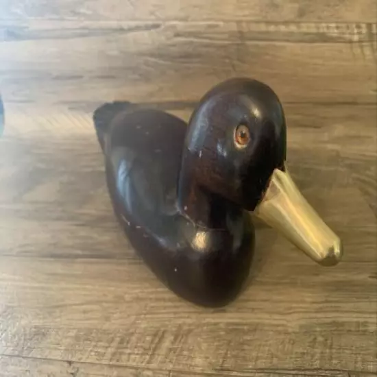 Vintage Antique Carved Wood Duck Decoy w/ Glass Eyes & Brass Bill Mahogany Colri