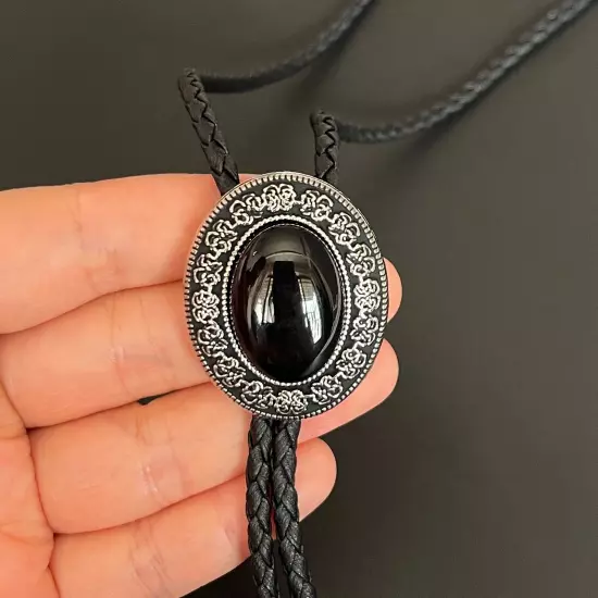 Natural Black Onyx Stone Bolo Tie Western Vintage Alloy PU Rope Wedding Necklace