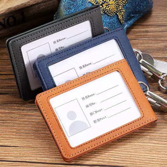 Leather ID Holders Case PU Business Badge Card Holder with Neck Strap Lanyard Ⓗ