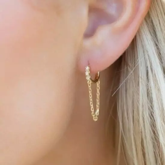 Earrings Pave Huggies w/ dangle Chain Cubic Zirconia Gold Huggies Earring CUTE