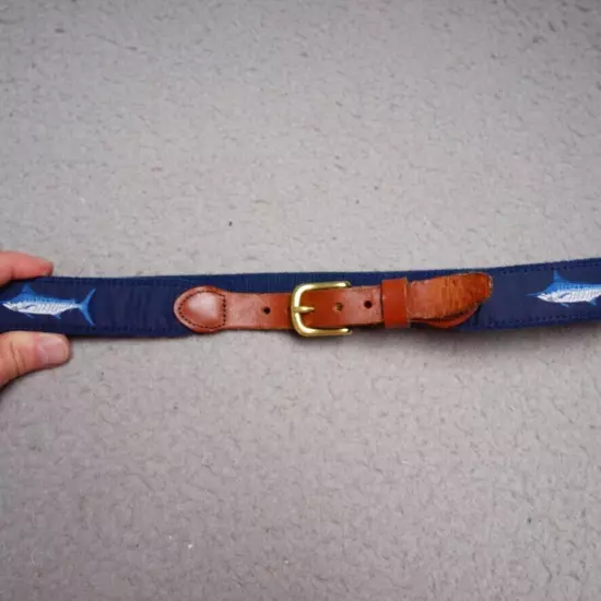 Leather Man Belt Sz 30 Blue Cotton Marlin Fishing Print Leather Brass Buckle