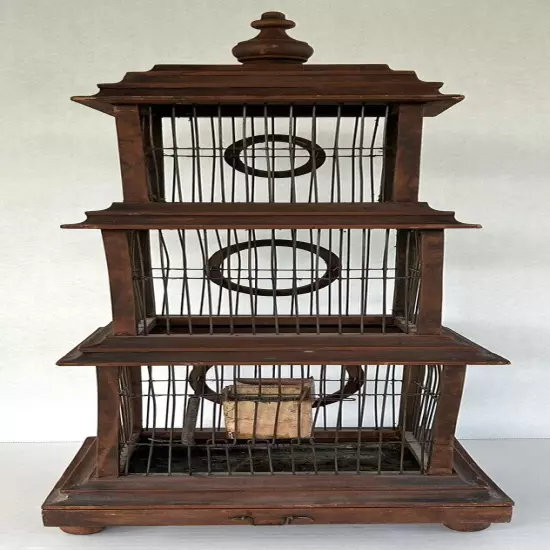 Vintage Bird Cage 30" Pagoda Style Brown Wood & Wire Large Floor Standing Cage