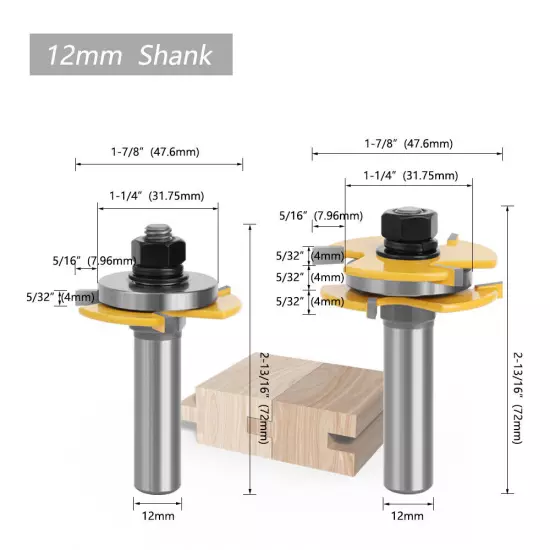 1/2 12mm Shank Joint Router Bits Set Tongue & Groove 3Flute Tenon Cutter 5/32"