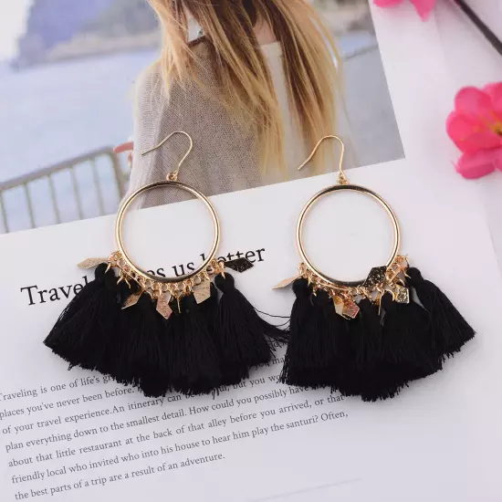 Fashion Women Bohemian Earrings Long Tassel Fringe Drop Dangle Ear Stud Jewelry