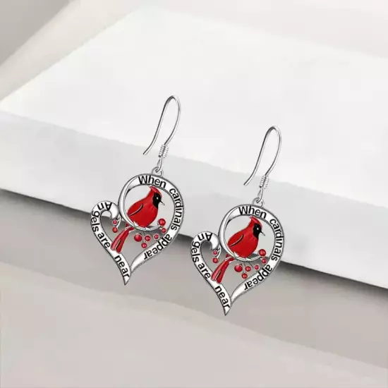 Red Bird Heart Shaped Cardinal Hollow Pendant Earrings Gift Fashion Women Girls