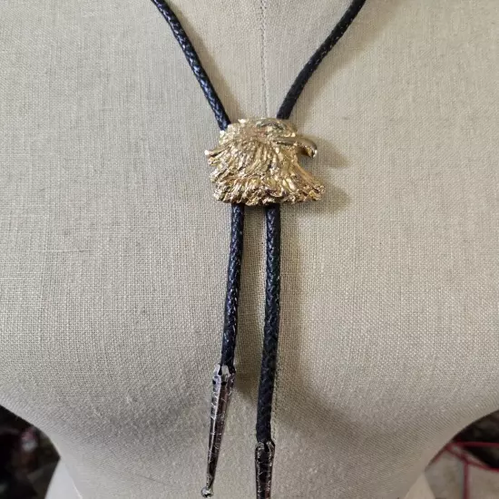 Black Bolo tie with Gold Tone Eagle Clasp 30 Inch Tie