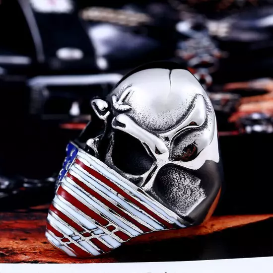 Patriot Skeleton US Flag Mask Skull Ring Stainless Steel Gothic Punk Biker Ring