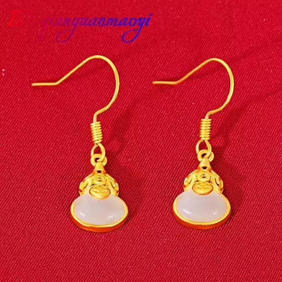 Natural Jade Gourd Earrings Real Jewelry Charm Talismans 18K Gold Plated