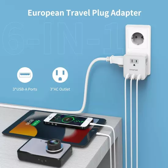 European Plug Adapter Travel Power Plug Adapter with 4 Outlets 3 USB Ports