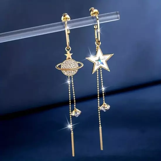 Exquisite Shiny Golden Chain Planet Pentagram Design Asymmetric Earrings Jewelry