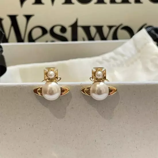 1Pair Vivienne Westwood Mini Pearl Saturn Orb Earrings Ear Stud w/ Packaging Box