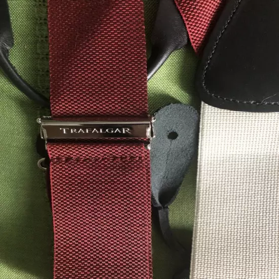 TRAFALGAR SUSPENDERS GRAY MAROON RED WOVEN PATTERN LEATHER BUTTON-ON