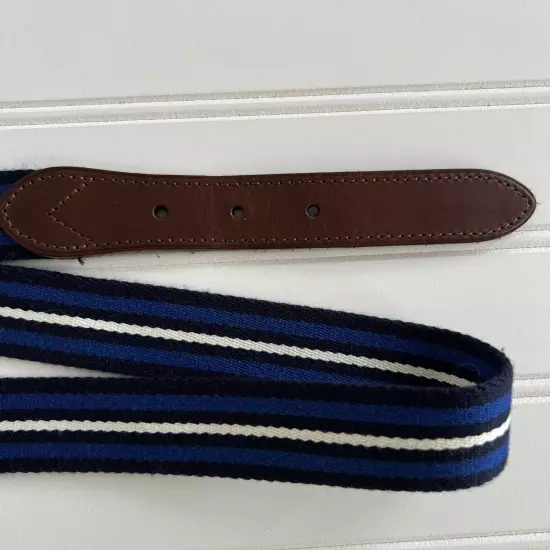 Ralph Lauren Polo Belt Blue Striped Cotton Canvas Leather Trim Buckle Size 34 35