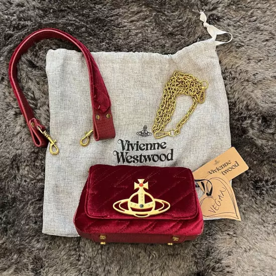 VIVIENNE WESTWOOD Nana Burgundy Velvet Hazel Quilted Clutch Purse Crossbody Bag