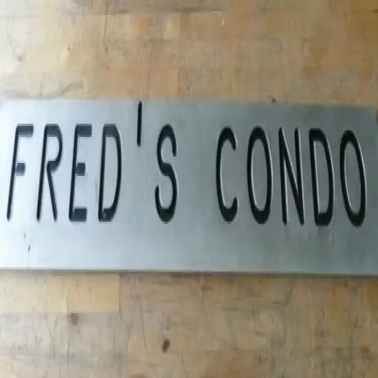 vtg Sign" FRED'S Condo "Stainless hunting fish game Club NY 30x5x1/4"