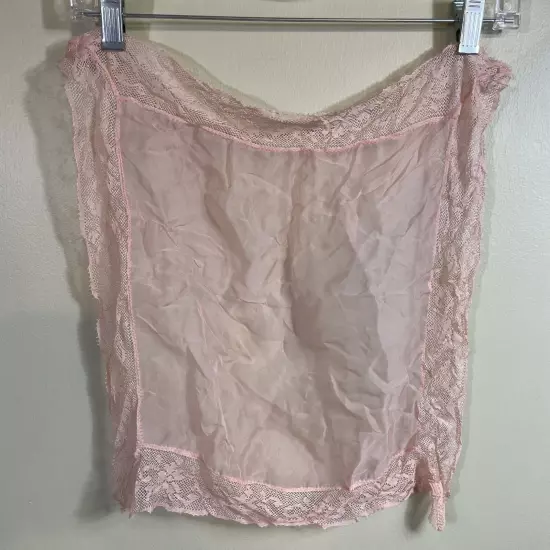 1950's Vintage Light Pink Silk Chiffon Scarf Lace Edging Trim Square Sheer