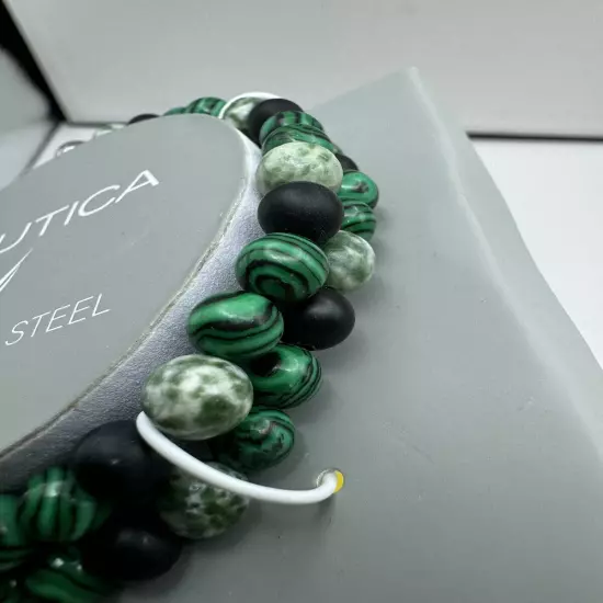 740-PATT Nautica NEW Men’s Black, Silver ,Green, White Beaded Stretch Bracelets