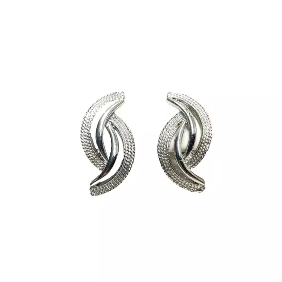 Coro Clip On Earrings Silvertone Signed Curve Shiny Textured Vintage 1980s