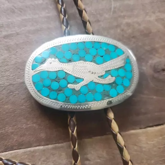 VINTAGE Roadrunner Bolo Tie Blue Turquoise Sterling Silver - Mexico - READ