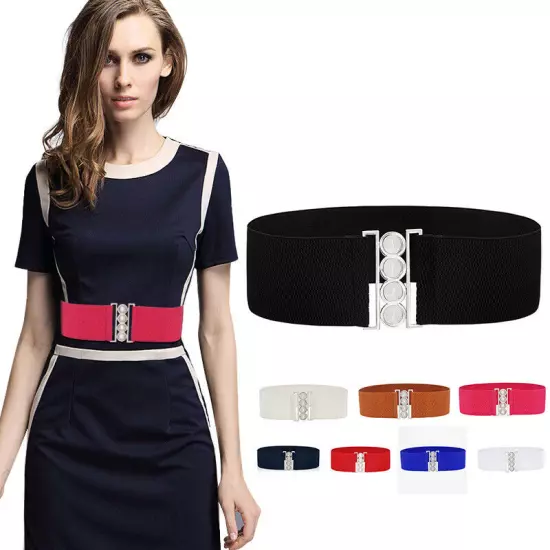 Womens Belt Stretch Elastic Wide Waist Ladies Dress Waistband Metal Buckle Hot