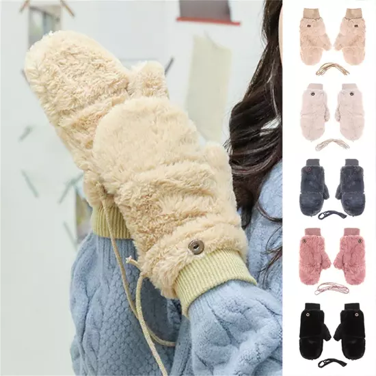 Faux Fur Winter Mittens Womens Warm Plush And Thicken Fleece Lined Knit Gloves