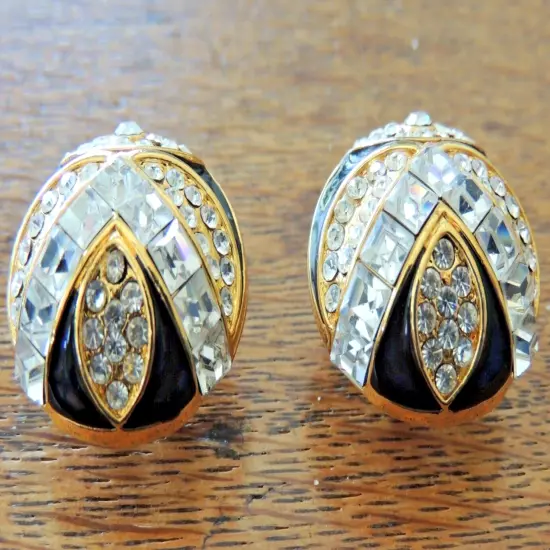 Black Enamel Rhinestone Omega Stud Earrings Showy Runway