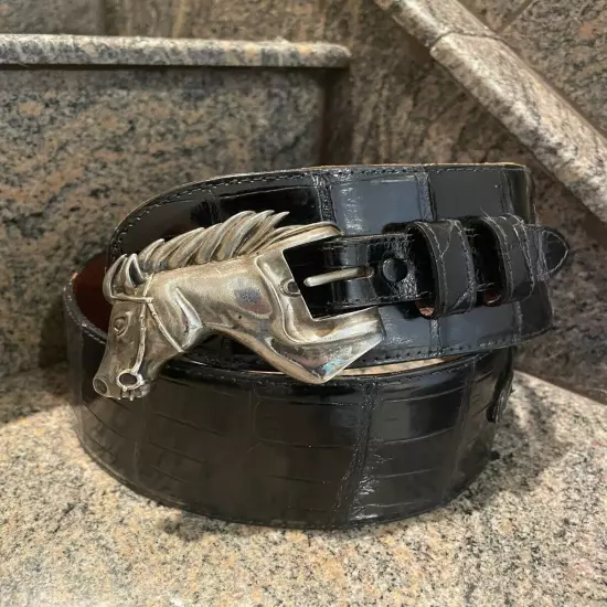 Kieselstein-Cord Stallion Horse Head Buckle With Black Alligator Belt Size 2