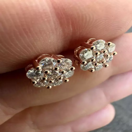 Moissanite Studs Cluster Flower Set Earrings Real 14k Rose Gold Over 925 Silver