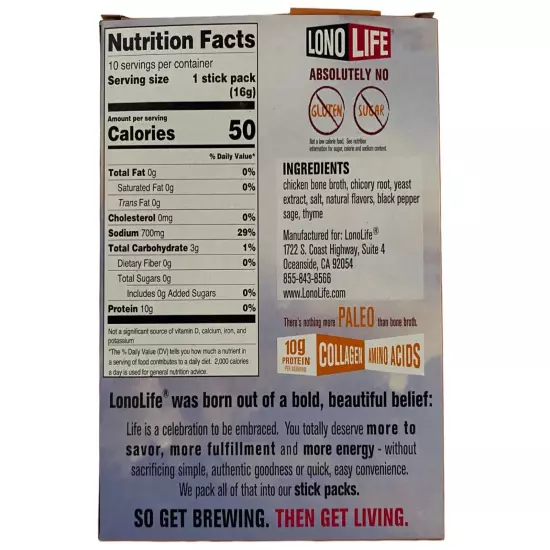 LonoLife Chicken Bone Broth Powder 10g Protein Keto & Paleo Friendly 10 Packs