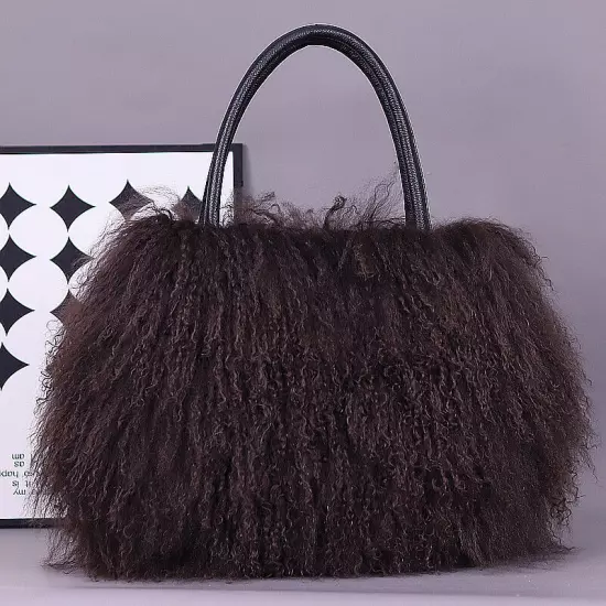 FINILUO Real Long Lamb Fur/Mongolian Fur with Genuine Leather Handles Handbag