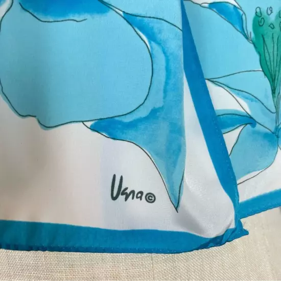 Vintage Vera Neumann Scarf Floral Rectangular White Bright Blue Delicate Long